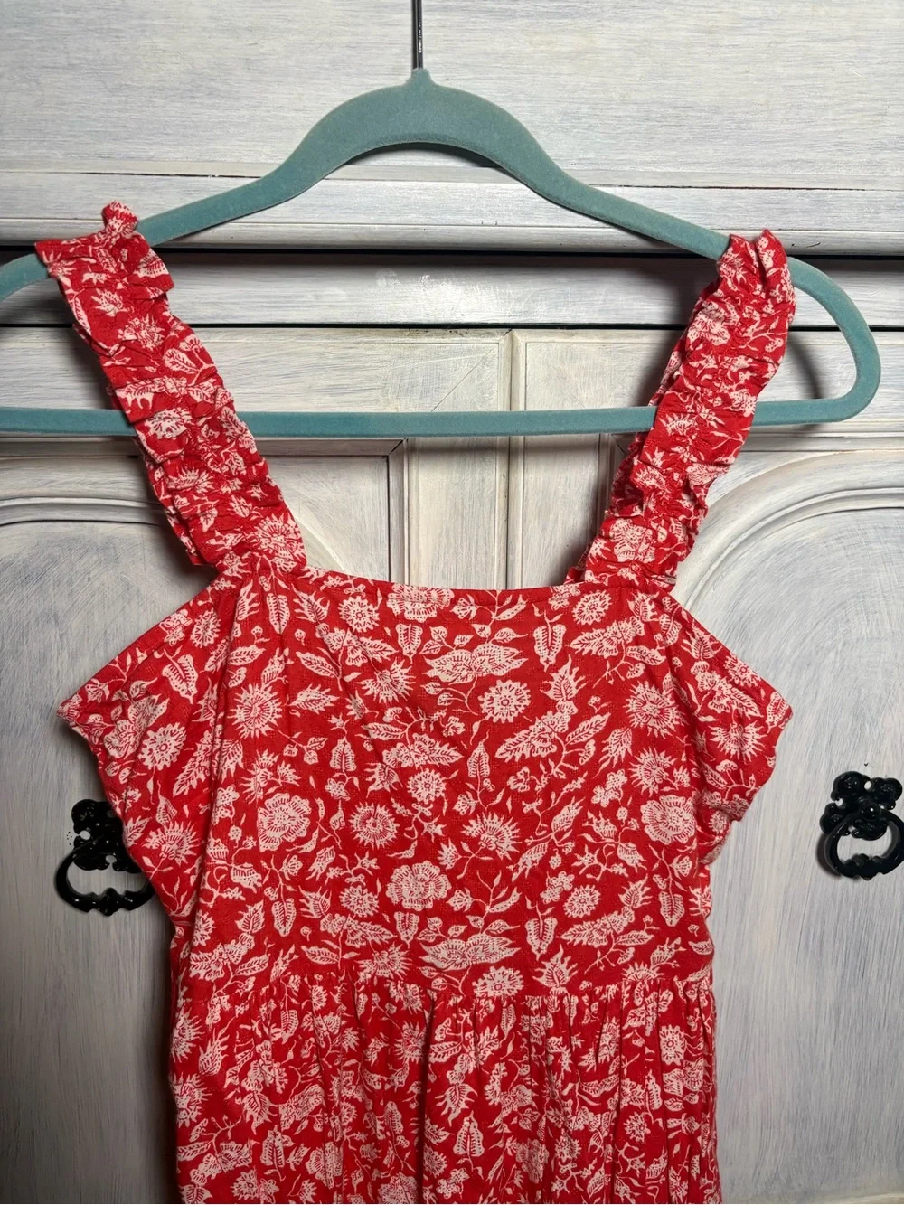 Red White Floral Ruffle Tiered Maxi Dress Ruffle Cottagecore Boho Effortless - Picture 3 of 6